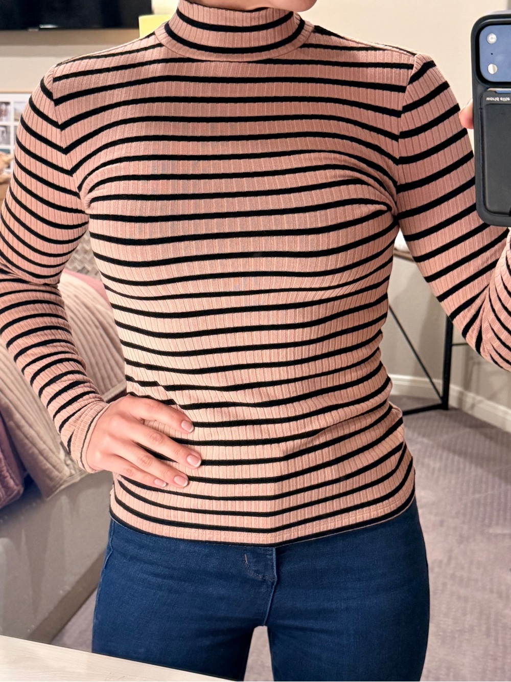 Tahari Pink & Black Ribbed Striped Mock Neck Top